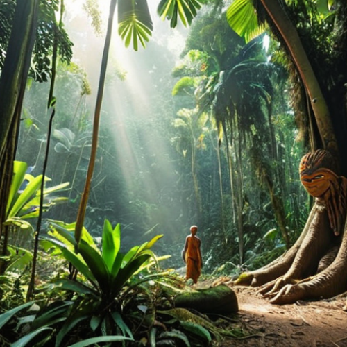 Home 11 ** A lush rainforest scene in Malaysia. Focus on the spiritual connection to nature, with subtle ethereal glows around ancient trees. Include an Orang Asli figure respectfully interacting with the environment. The overall feeling should be one of reverence and harmony.
**