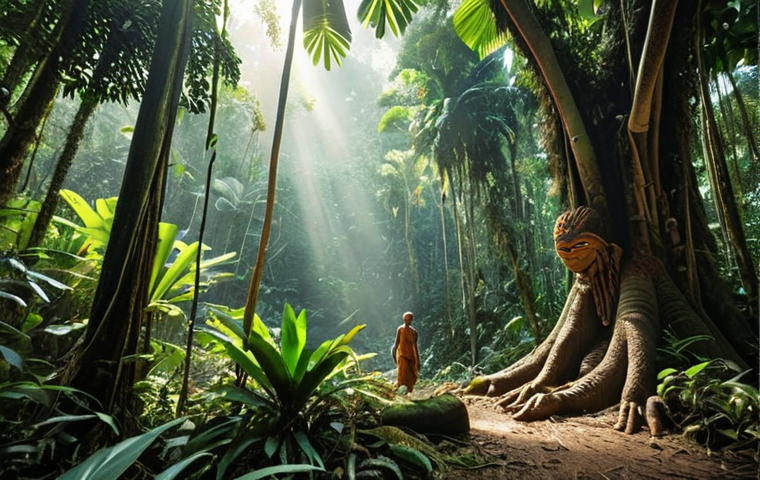 ** A lush rainforest scene in Malaysia. Focus on the spiritual connection to nature, with subtle ethereal glows around ancient trees. Include an Orang Asli figure respectfully interacting with the environment. The overall feeling should be one of reverence and harmony.

**