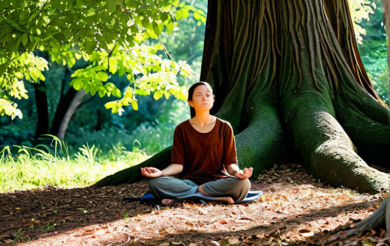 **
"A serene individual, fully clothed in modest, earth-toned attire, meditating beneath a large, ancient tree in a lush forest. Sunlight filters through the leaves, creating dappled patterns on the ground. Focus on a peaceful expression and a sense of connection with nature. Background includes diverse flora and fauna, indicative of a healthy ecosystem. safe for work, appropriate content, family-friendly, perfect anatomy, natural proportions, professional photography, high quality"
**