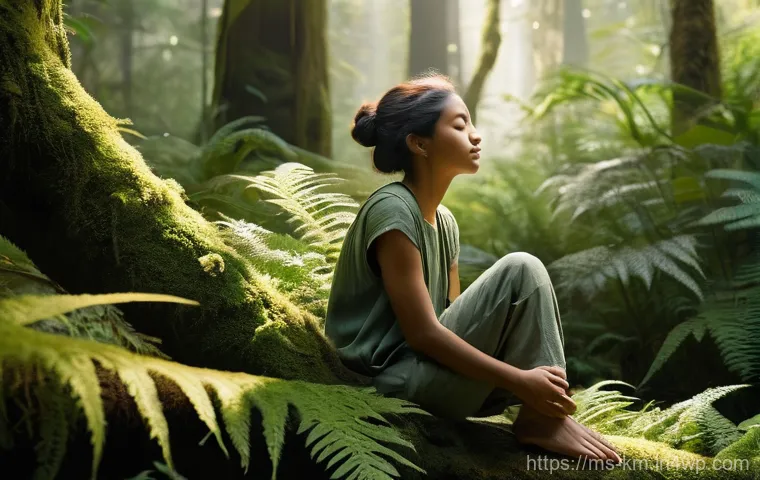 애니미즘의 실천적 접근법 - **"Sensory Nature Immersion"**
    A serene young adult, gender-neutral, dressed in comfortable, mod...