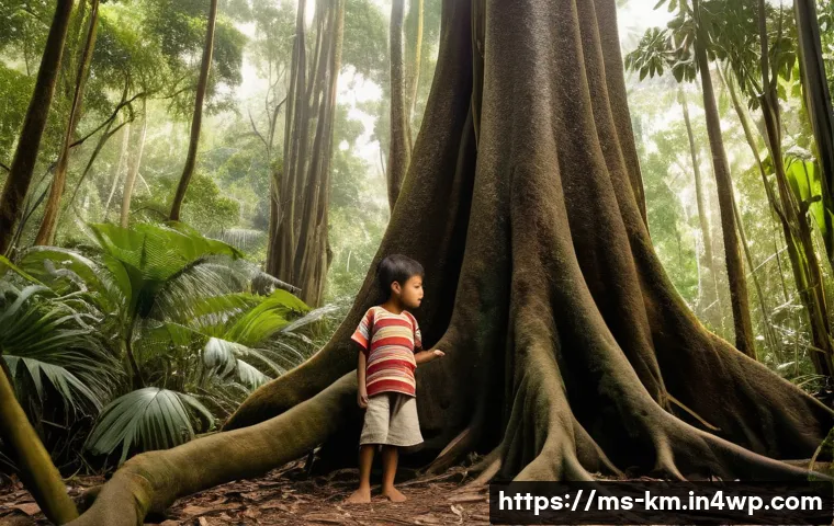 애니미즘과 감성적 공감 - **Prompt:** A serene and heartwarming outdoor scene in a lush Malaysian tropical rainforest. An elde...