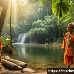 Home 22 애니미즘을 통한 새로운 패러다임의 창조 - A serene Malaysian rainforest scene during golden hour, featuring indigenous Orang Asli villagers in...