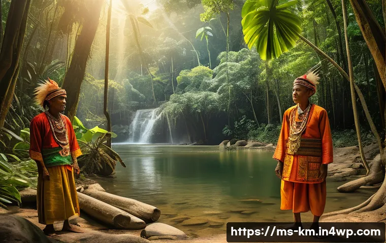 애니미즘을 통한 새로운 패러다임의 창조 - A serene Malaysian rainforest scene during golden hour, featuring indigenous Orang Asli villagers in...