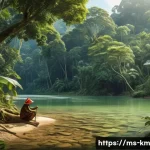Home 21 애니미즘을 통한 문화적 정체성 탐구 - A serene Malaysian rainforest scene depicting an Orang Asli community member respectfully tending to...