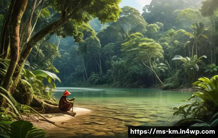 애니미즘을 통한 문화적 정체성 탐구 - A serene Malaysian rainforest scene depicting an Orang Asli community member respectfully tending to...