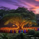 Home 18 애니미즘과 역사적 변천 - A vibrant traditional ritual in a Kalimantan indigenous village, featuring villagers dressed in colo...