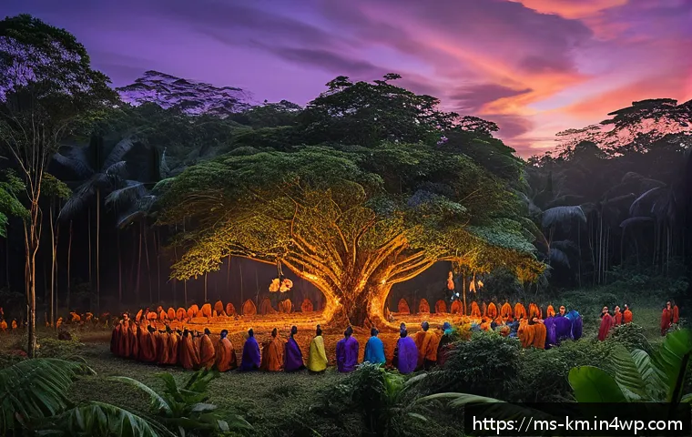 애니미즘과 역사적 변천 - A vibrant traditional ritual in a Kalimantan indigenous village, featuring villagers dressed in colo...