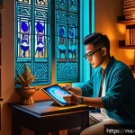 Home 23 애니미즘의 현대적 재해석을 위한 키워드 - A vibrant digital art scene showcasing a Malaysian digital artist creating a mystical animism-inspir...