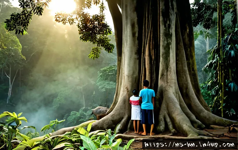 Home 17 애니미즘의 요소와 현대적 적용 - Photorealistic sunrise in a Malaysian rainforest, a respectful Malay family standing quietly beside ...