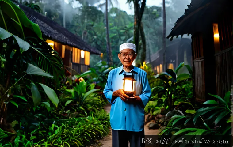 애니미즘적 관점에서 본 현대 기술 - Photorealistic dawn scene in a Malaysian rainforest village, an elderly Malay craftsperson gently ho...